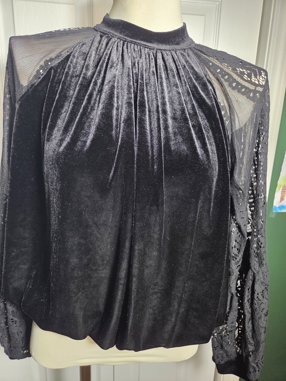 Free People Velvet Lace Top XS Black Sheer Sleeve Boho Romantic